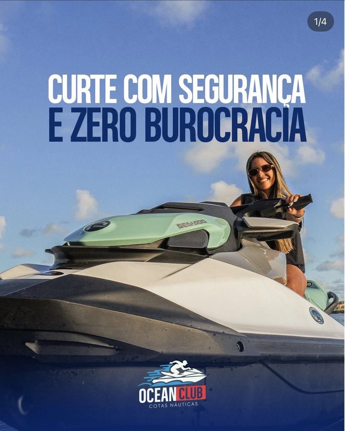 Cliente ao lado de um jetski Sea-Doo da Ocean Club, em imagem da comunicação da marca